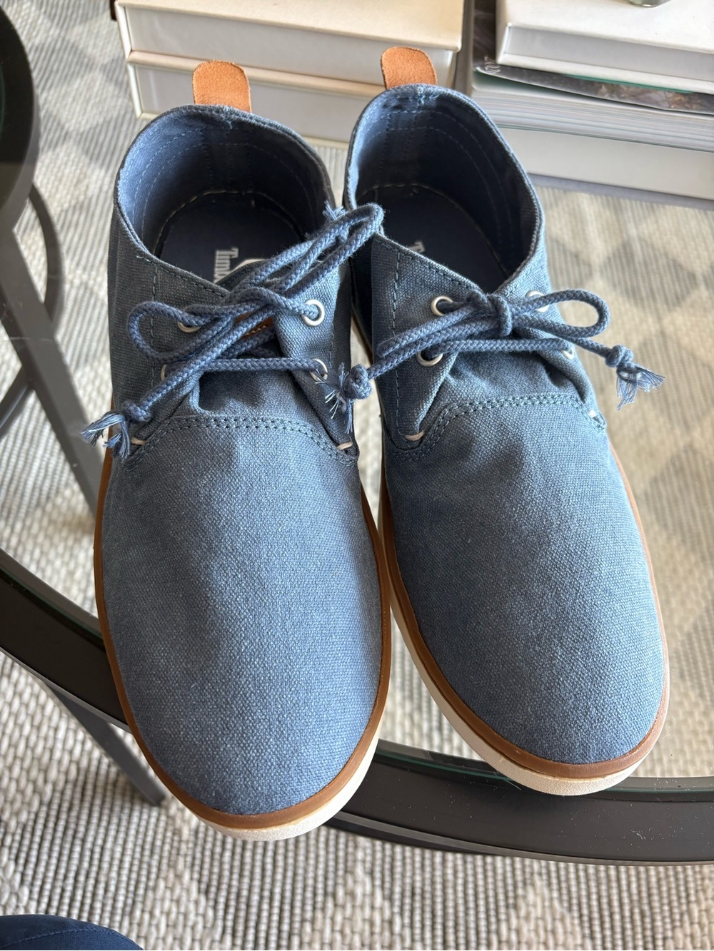 Timberland Men’s Blue Canvas Lace-Up Dress Shoes with Tan Trim size 10 nwt
